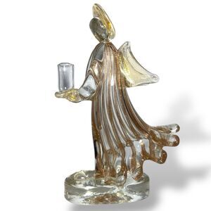 VTG Murano Art Glass Praying Angel Candle Holder 8” Clear Gold Shimmer Striped